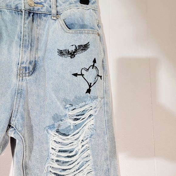 4/$20 Adika High Rise Toxic Love Skull Rose Distressed Straight Jeans - Picture 5 of 7
